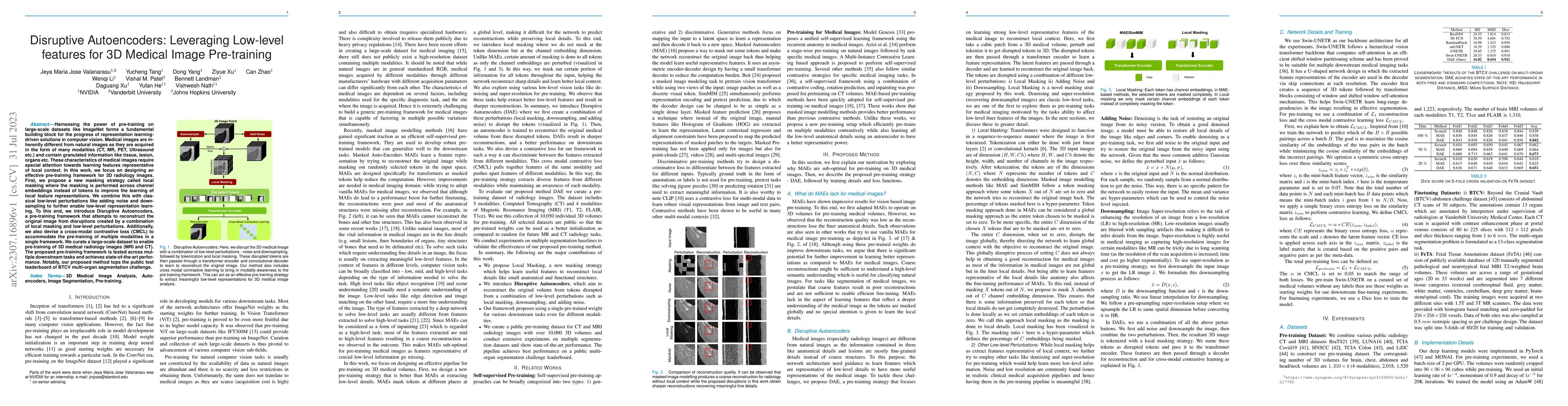 Thumbnail for Disruptive Autoencoders: Leveraging Low-level features for 3D Medical
  Image Pre-training