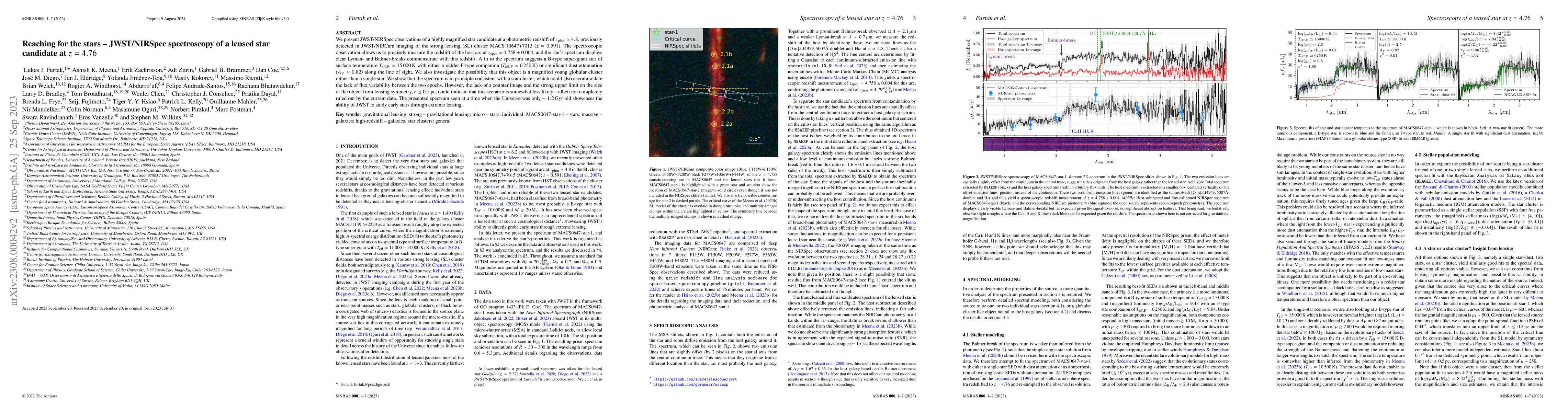 Thumbnail for Reaching for the stars -- JWST/NIRSpec spectroscopy of a lensed star
  candidate at $z=4.76$