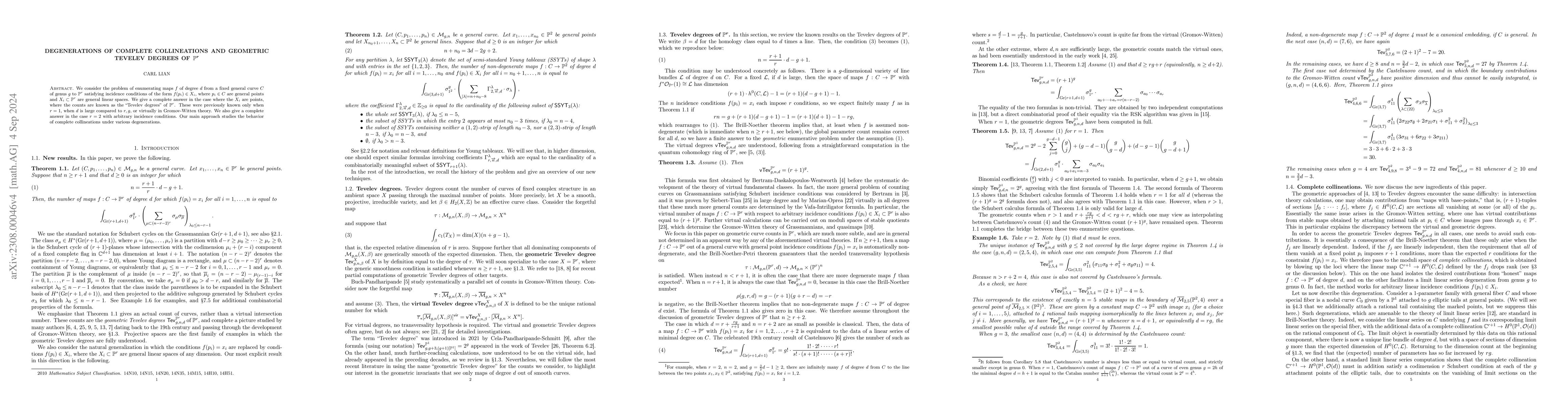 Thumbnail for Degenerations of complete collineations and geometric Tevelev degrees of
  $\mathbb{P}^r$