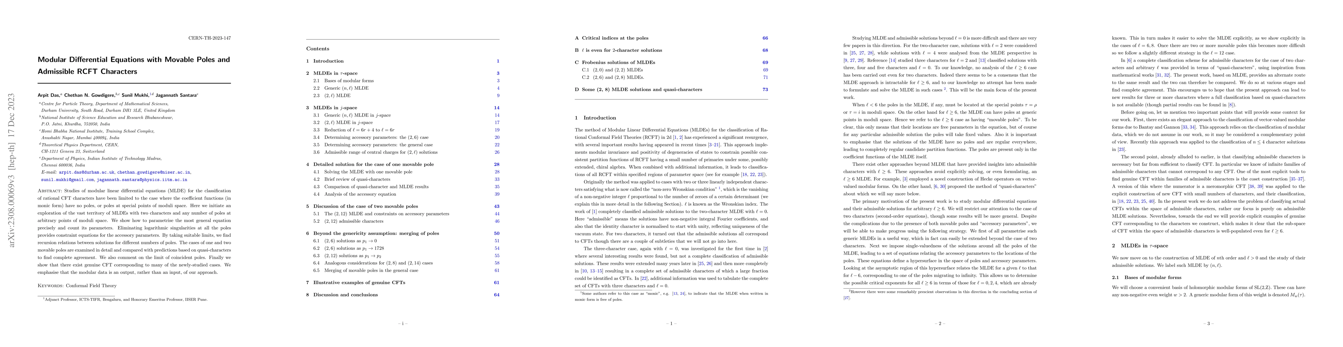 Thumbnail for Modular Differential Equations with Movable Poles and Admissible RCFT
  Characters