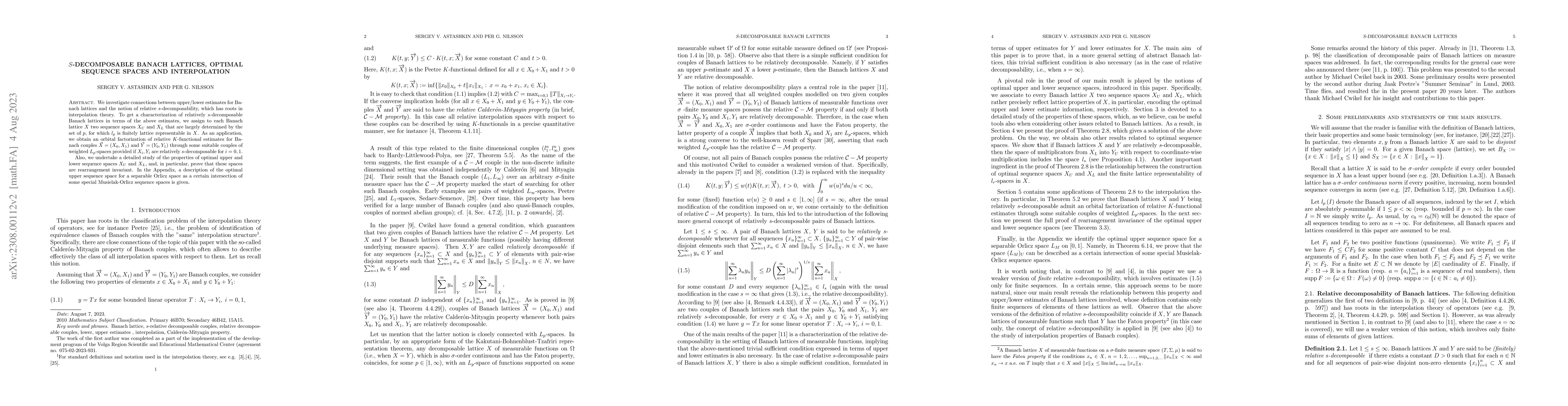 Thumbnail for S-Decomposable Banach Lattices, Optimal Sequence Spaces and
  Interpolation