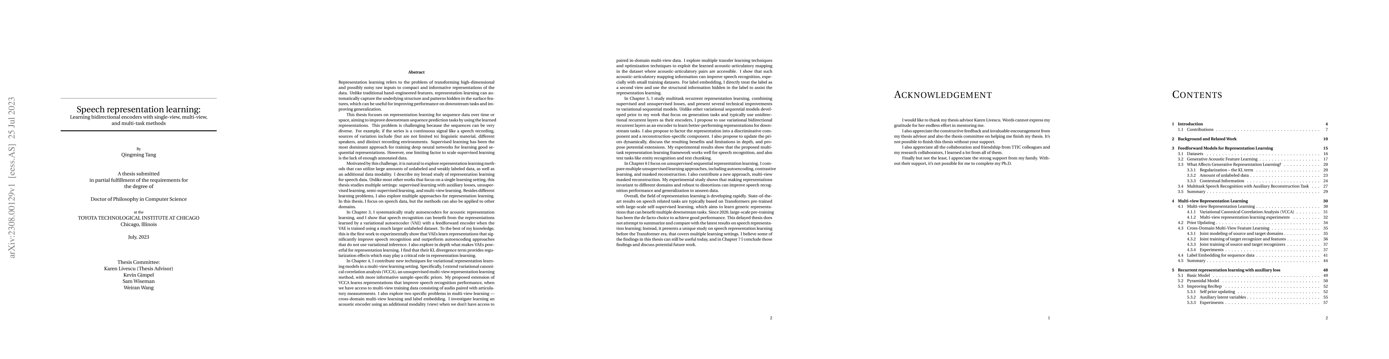 Thumbnail for Speech representation learning: Learning bidirectional encoders with
  single-view, multi-view, and multi-task methods