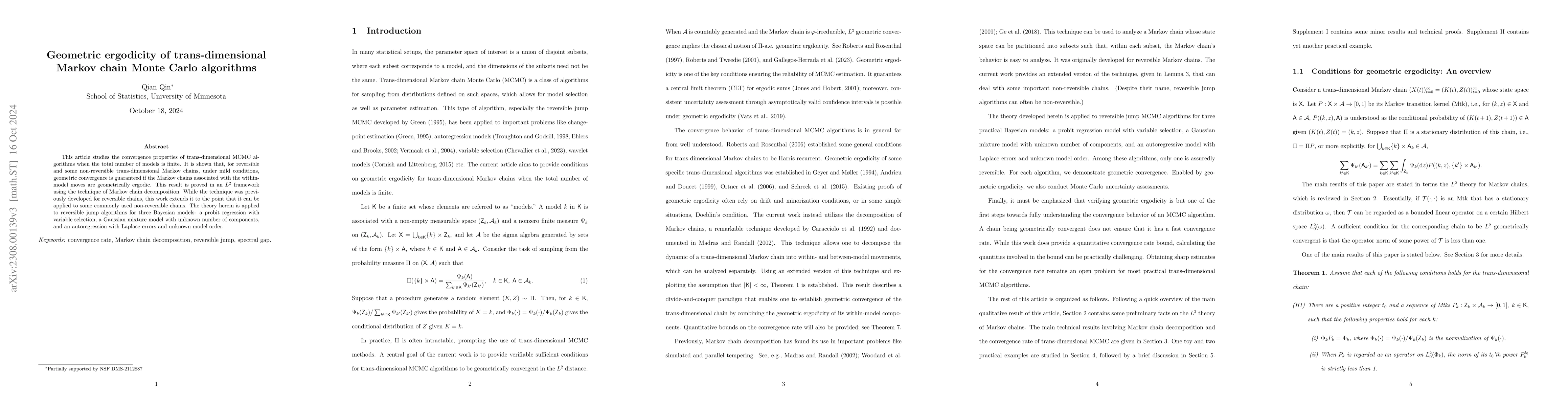 Thumbnail for Geometric ergodicity of trans-dimensional Markov chain Monte Carlo
  algorithms