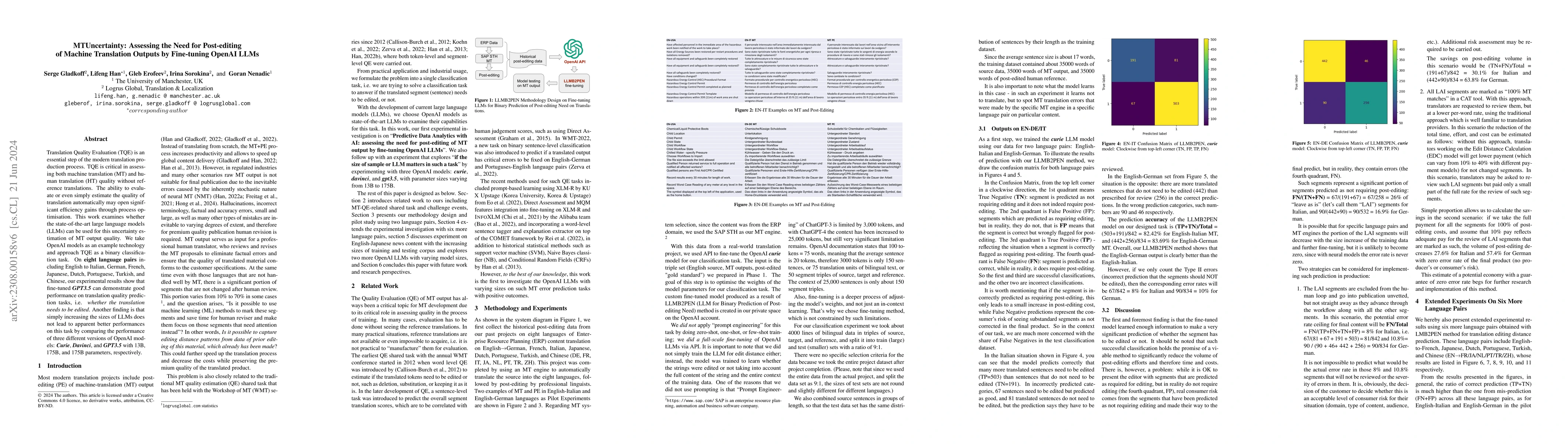 Thumbnail for MTUncertainty: Assessing the Need for Post-editing of Machine
  Translation Outputs by Fine-tuning OpenAI LLMs