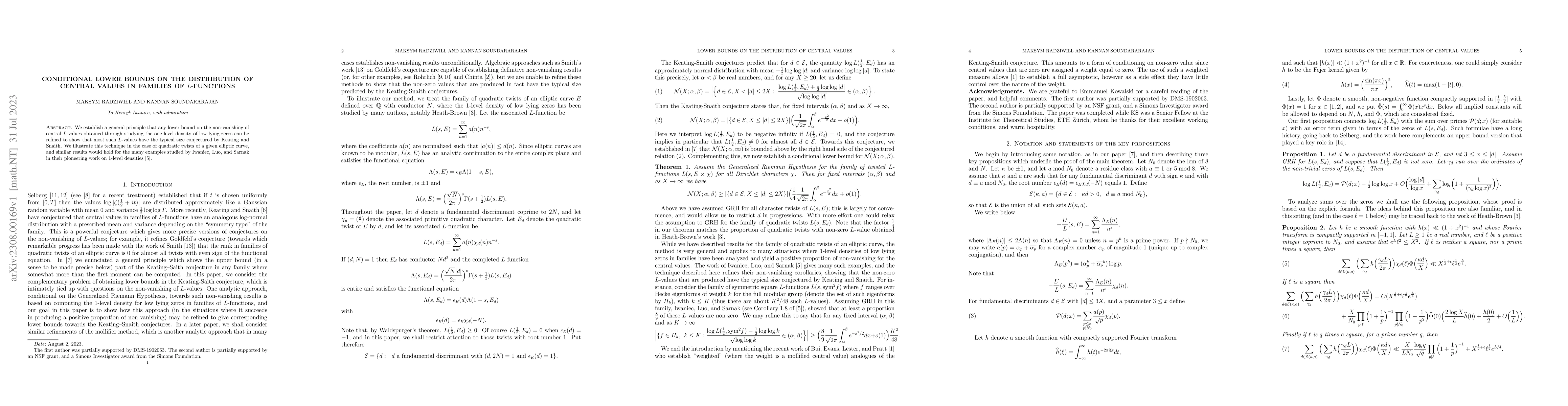 Thumbnail for Conditional lower bounds on the distribution of central values in
  families of $L$-functions