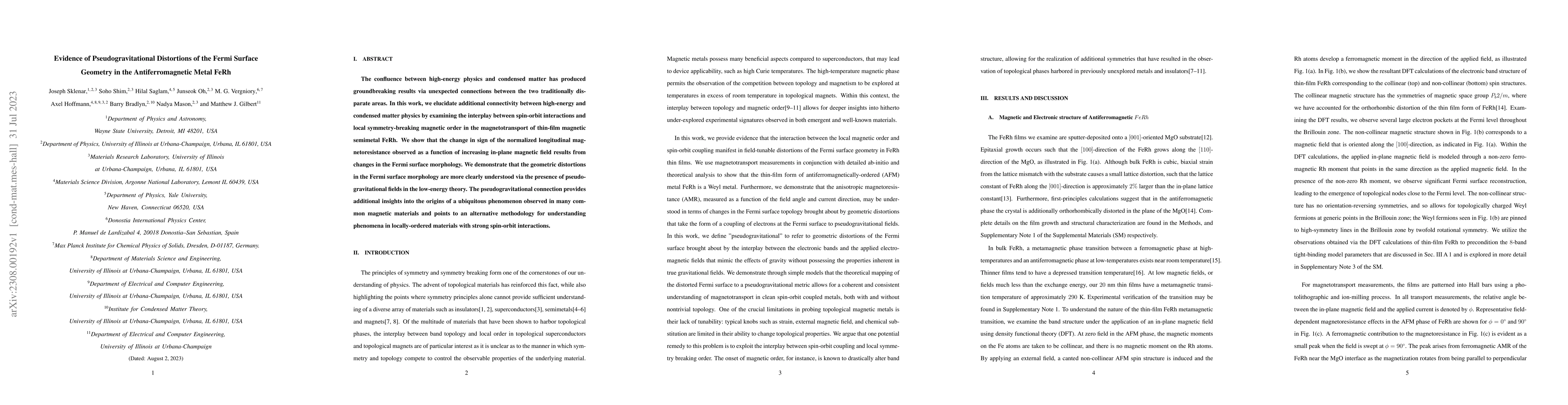 Thumbnail for Evidence of Pseudogravitational Distortions of the Fermi Surface
  Geometry in the Antiferromagnetic Metal FeRh