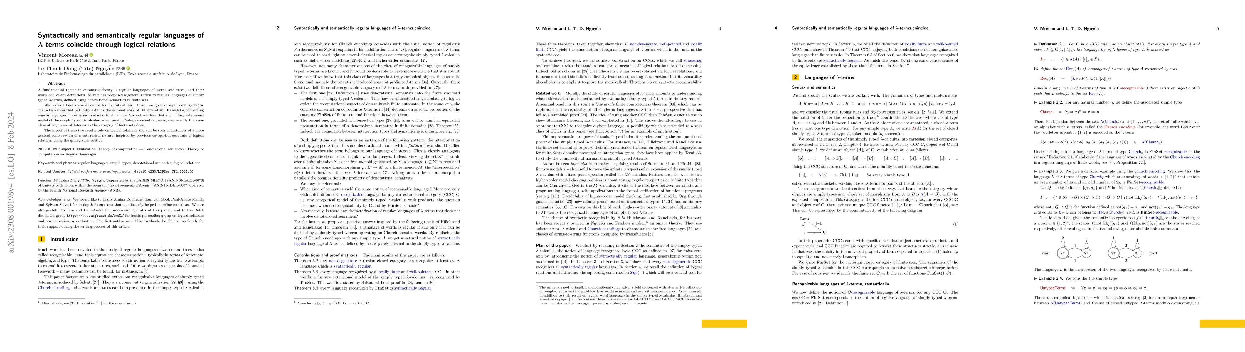 Thumbnail for Syntactically and semantically regular languages of lambda-terms
  coincide through logical relations