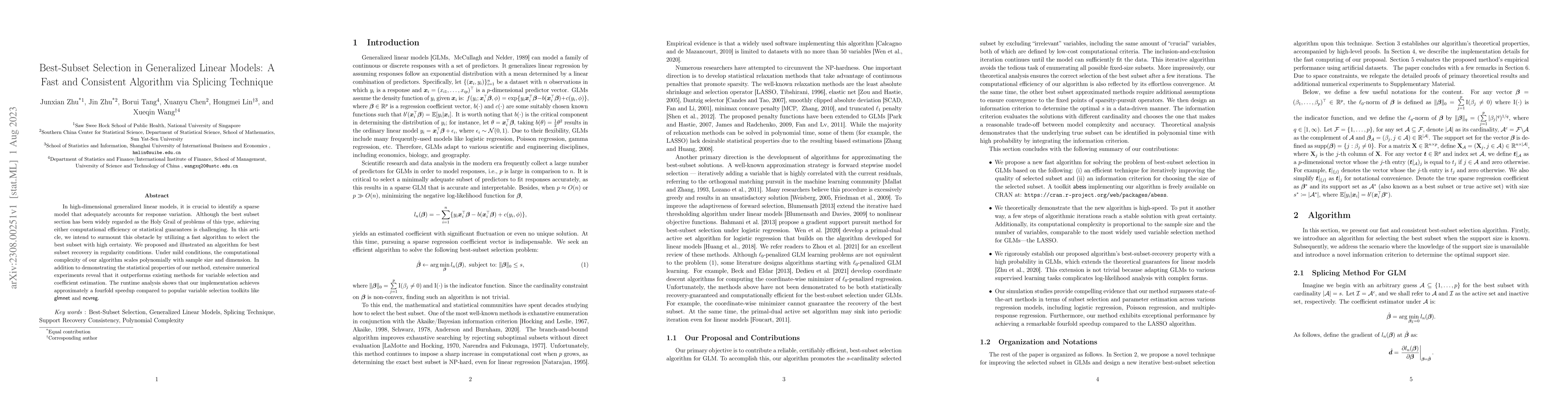 Thumbnail for Best-Subset Selection in Generalized Linear Models: A Fast and
  Consistent Algorithm via Splicing Technique