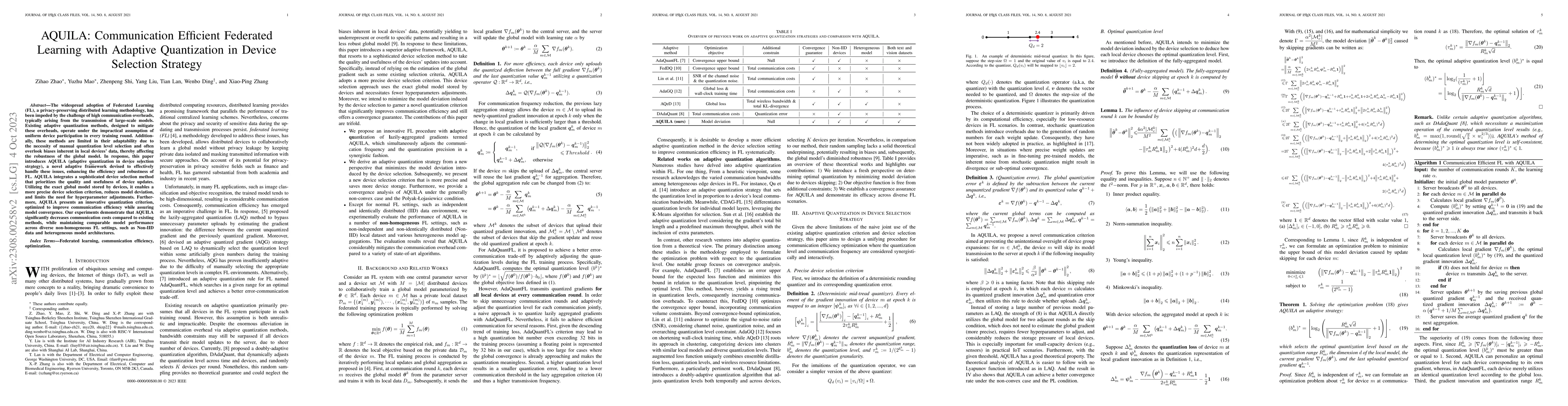 Thumbnail for AQUILA: Communication Efficient Federated Learning with Adaptive
  Quantization in Device Selection Strategy