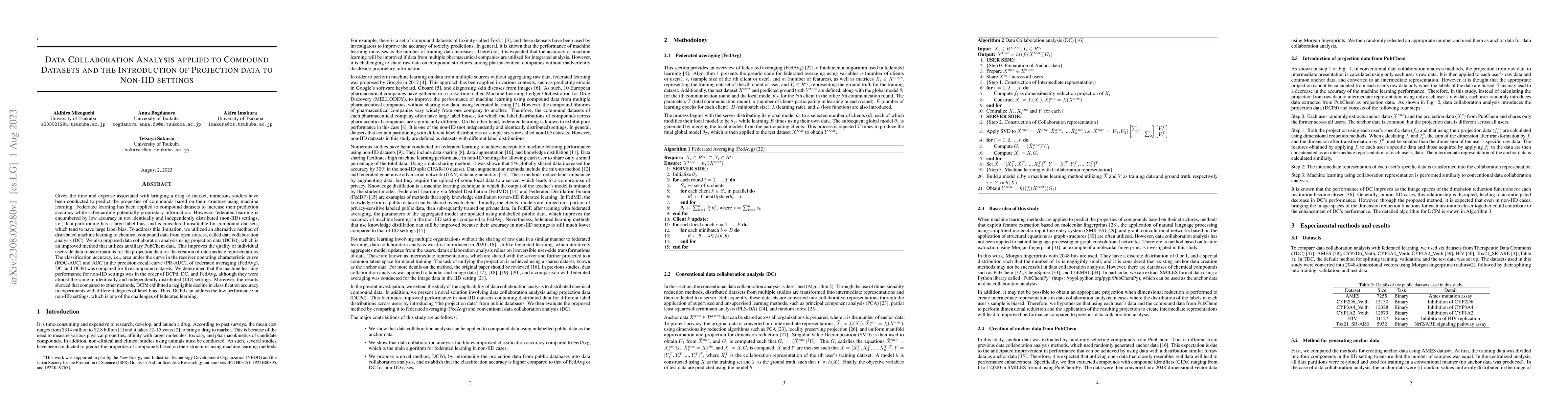 Thumbnail for Data Collaboration Analysis applied to Compound Datasets and the
  Introduction of Projection data to Non-IID settings