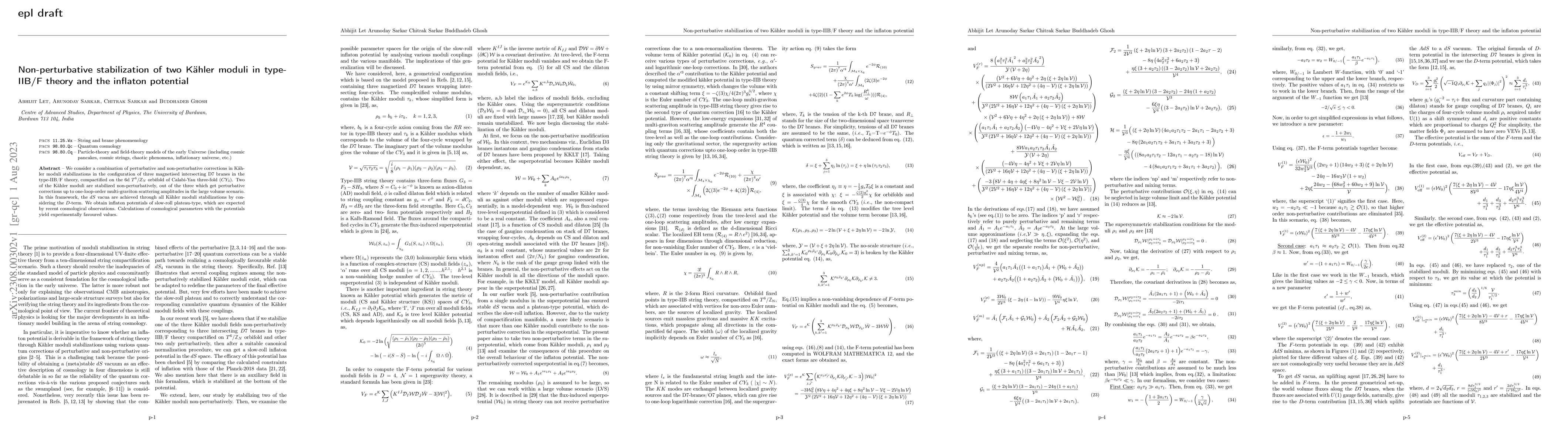 Thumbnail for Non-perturbative stabilization of two K\"ahler moduli in type-IIB/F
  theory and the inflaton potential