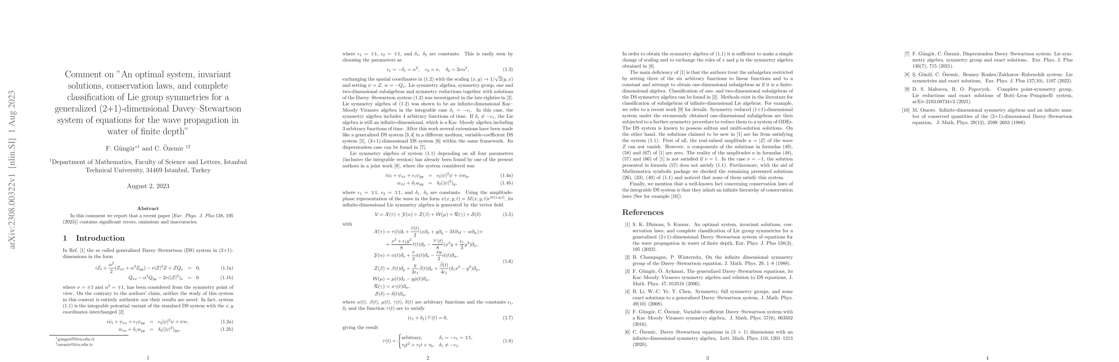 Thumbnail for Comment on "An optimal system, invariant solutions, conservation laws,
  and complete classification of Lie group symmetries for a generalized
  (2+1)-dim. Davey-Stewartson system of equations for the wave propagation in
  water of finite depth"