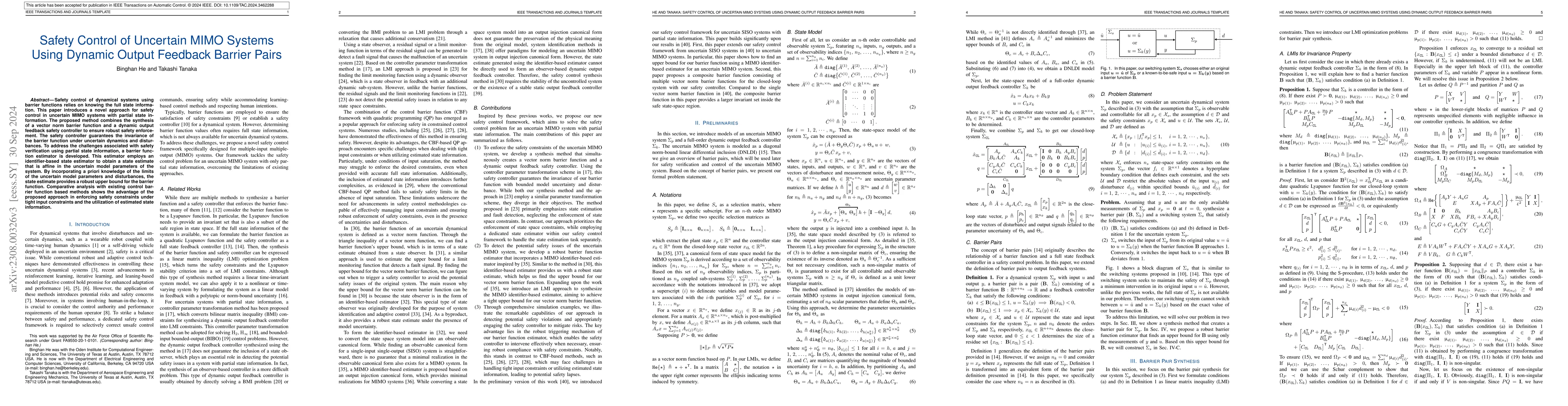 Thumbnail for Safety Control of Uncertain MIMO Systems Using Dynamic Output Feedback
  Barrier Pairs