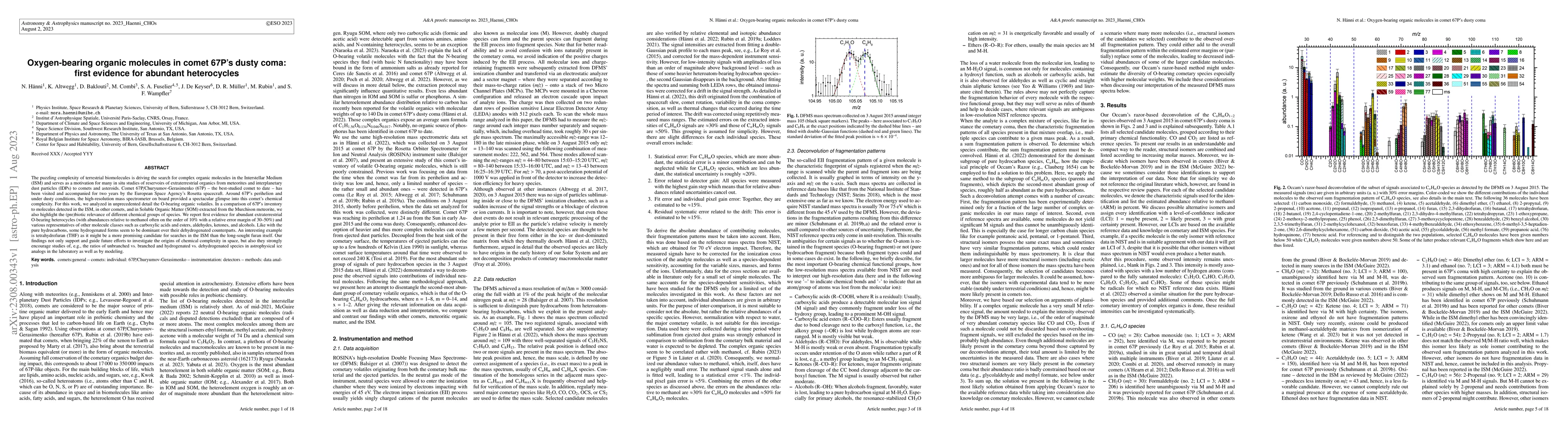 Thumbnail for Oxygen-bearing organic molecules in comet 67P's dusty coma: first
  evidence for abundant heterocycles