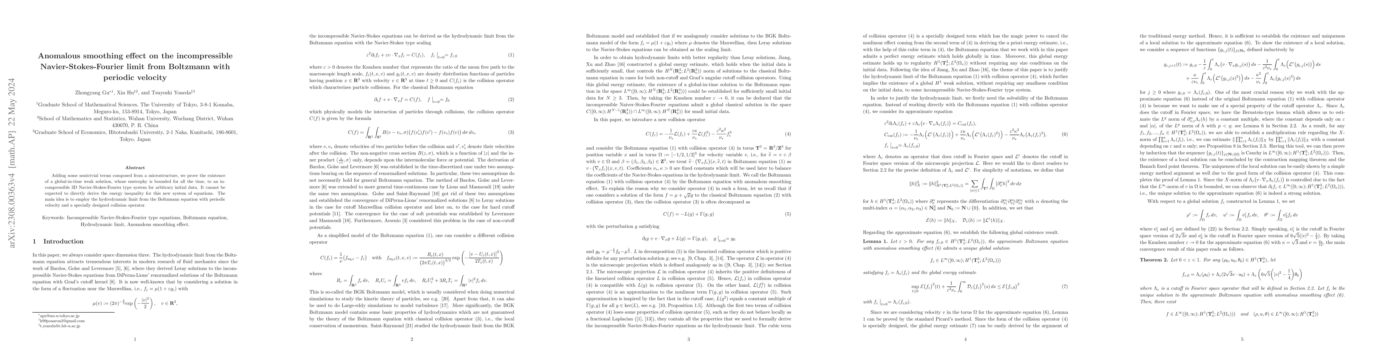 Thumbnail for Anomalous smoothing effect on the incompressible Navier-Stokes-Fourier
  limit from Boltzmann with periodic velocity