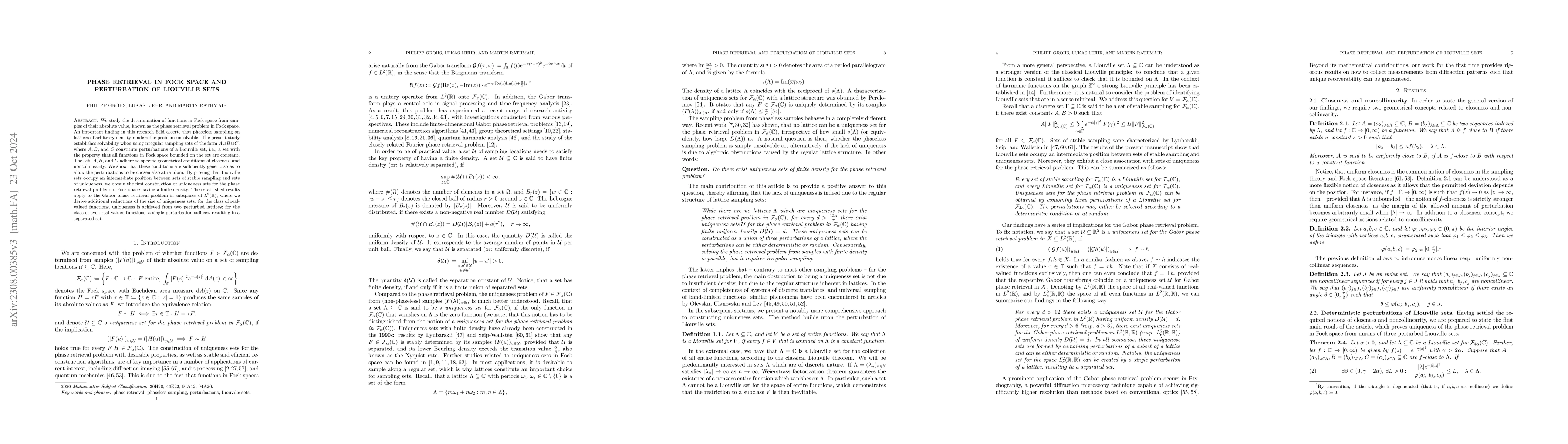 Thumbnail for Phase retrieval in Fock space and perturbation of Liouville sets