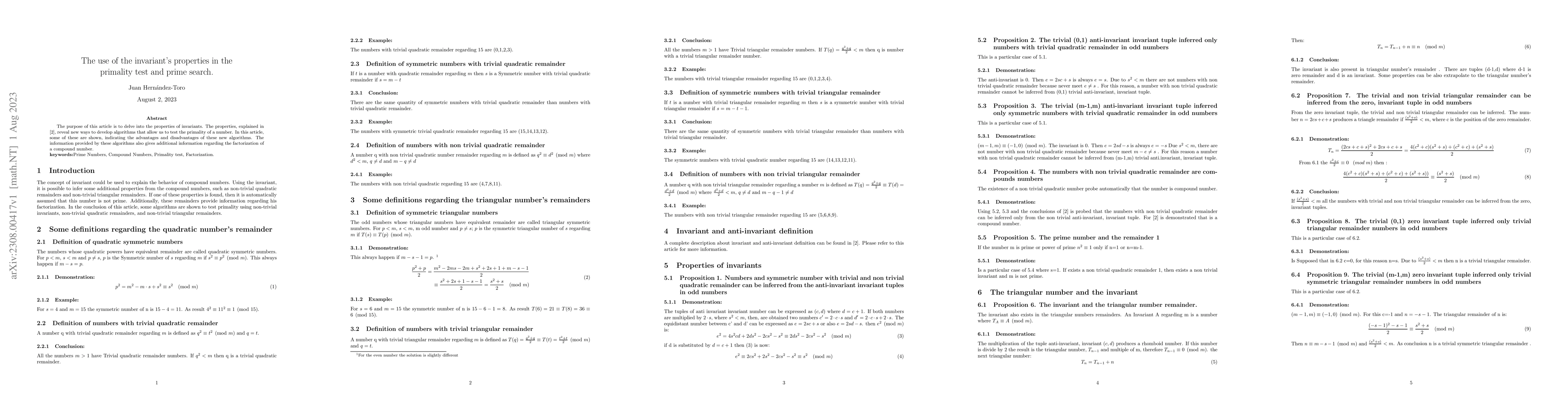 Thumbnail for The use of the invariant's properties in the primality test and prime
  search