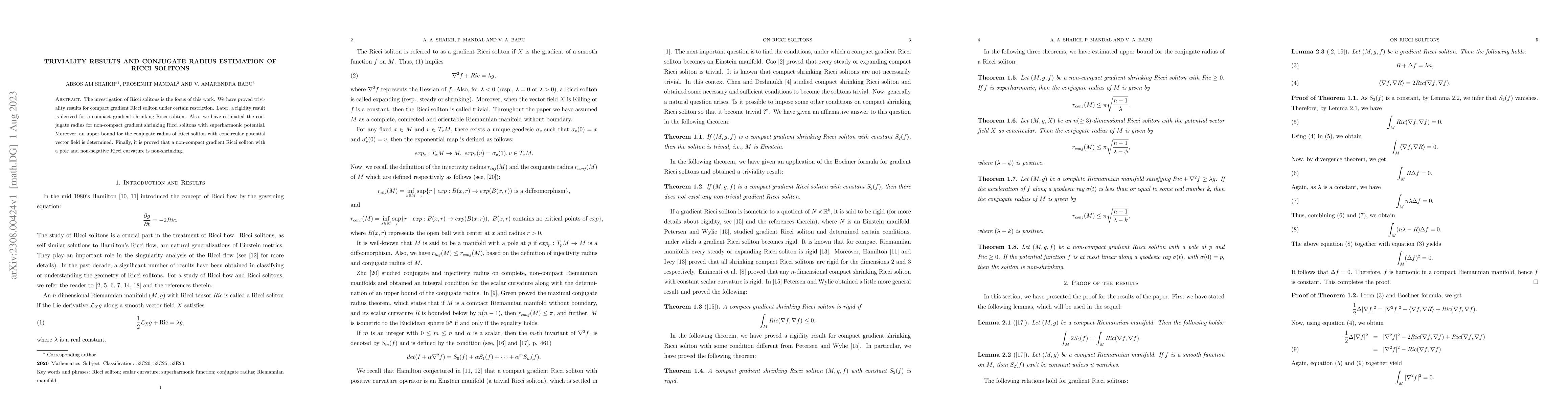 Thumbnail for Triviality Results and Conjugate Radius Estimation of Ricci Solitons