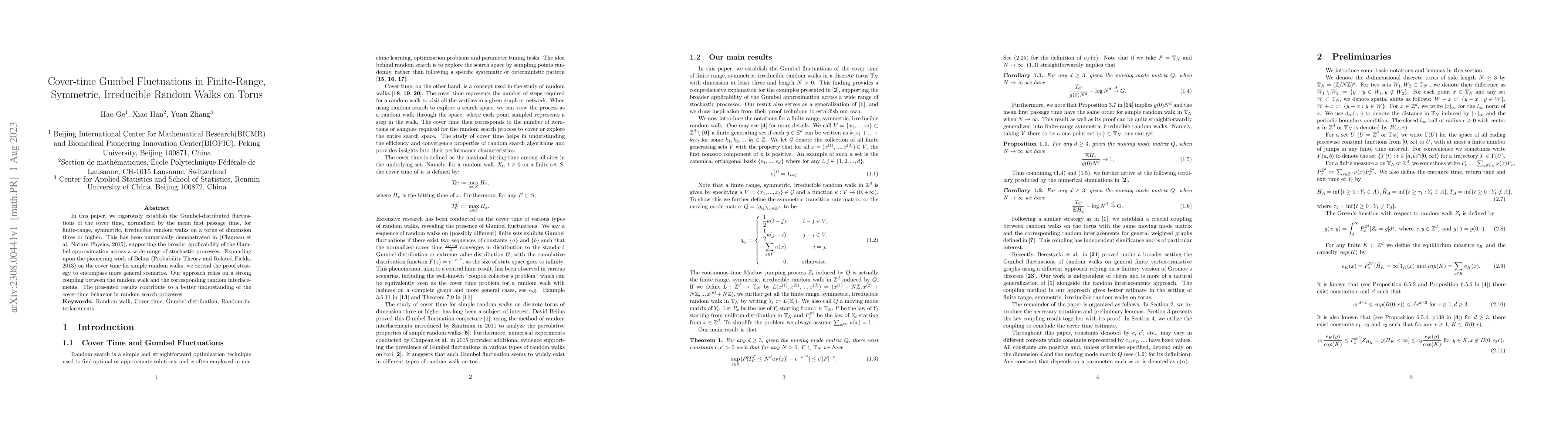 Thumbnail for Cover-time Gumbel Fluctuations in Finite-Range, Symmetric, Irreducible
  Random Walks on Torus