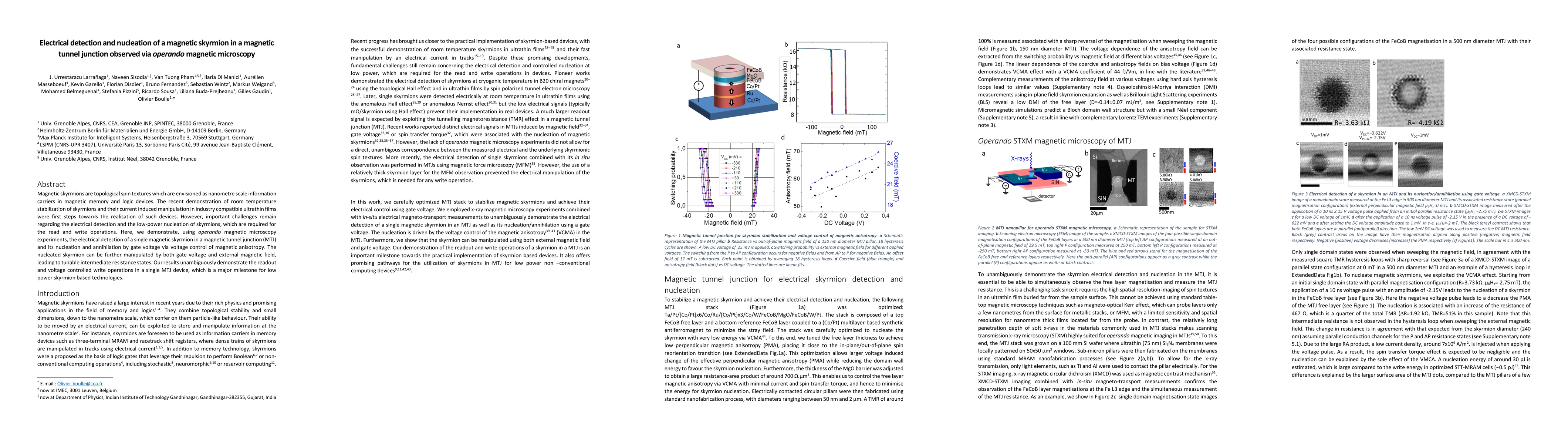 Thumbnail for Electrical detection and nucleation of a magnetic skyrmion in a magnetic
  tunnel junction observed via operando magnetic microscopy
