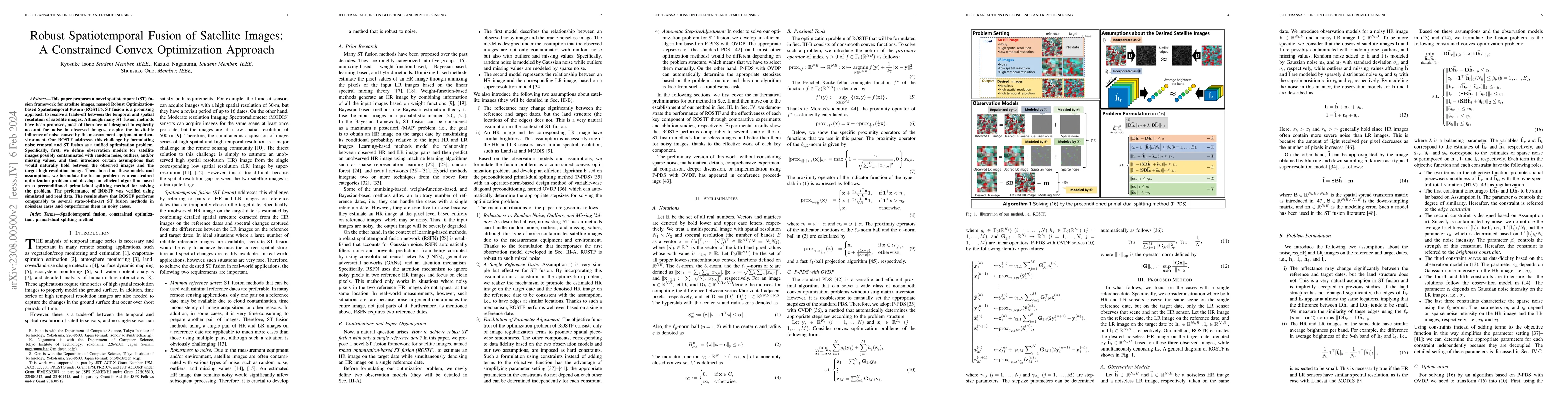 Thumbnail for Robust Spatiotemporal Fusion of Satellite Images: A Constrained Convex
  Optimization Approach