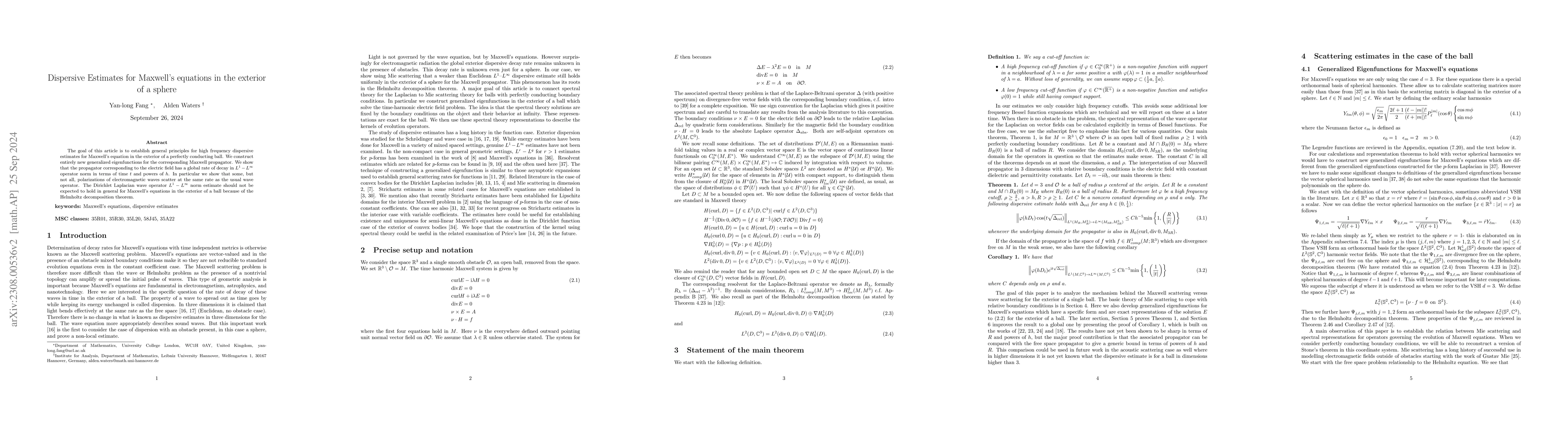 Thumbnail for Dispersive Estimates for Maxwell's Equations in the Exterior of a Sphere