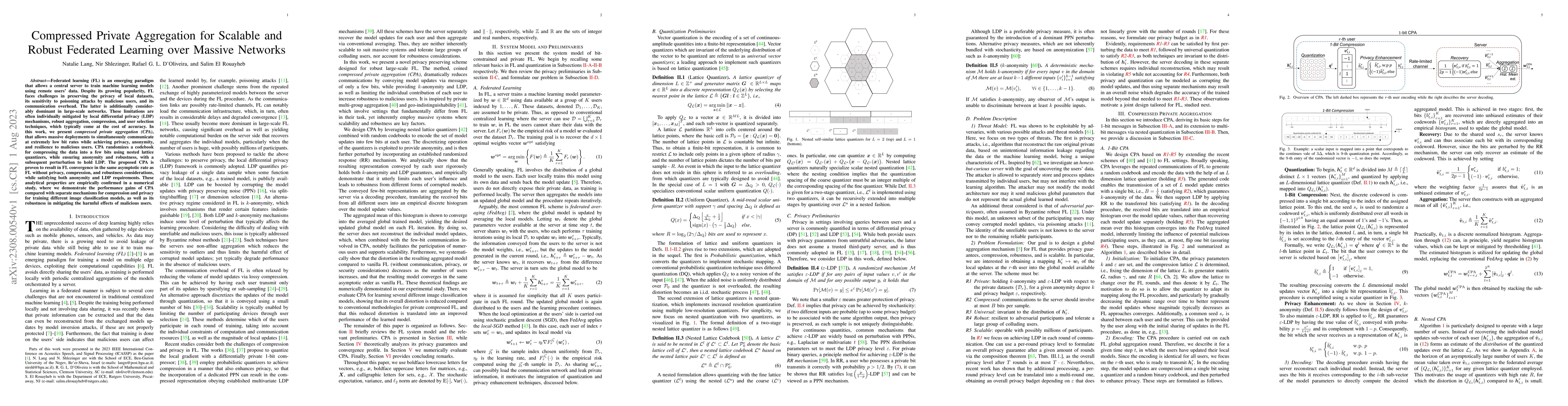 Thumbnail for Compressed Private Aggregation for Scalable and Robust Federated
  Learning over Massive Networks