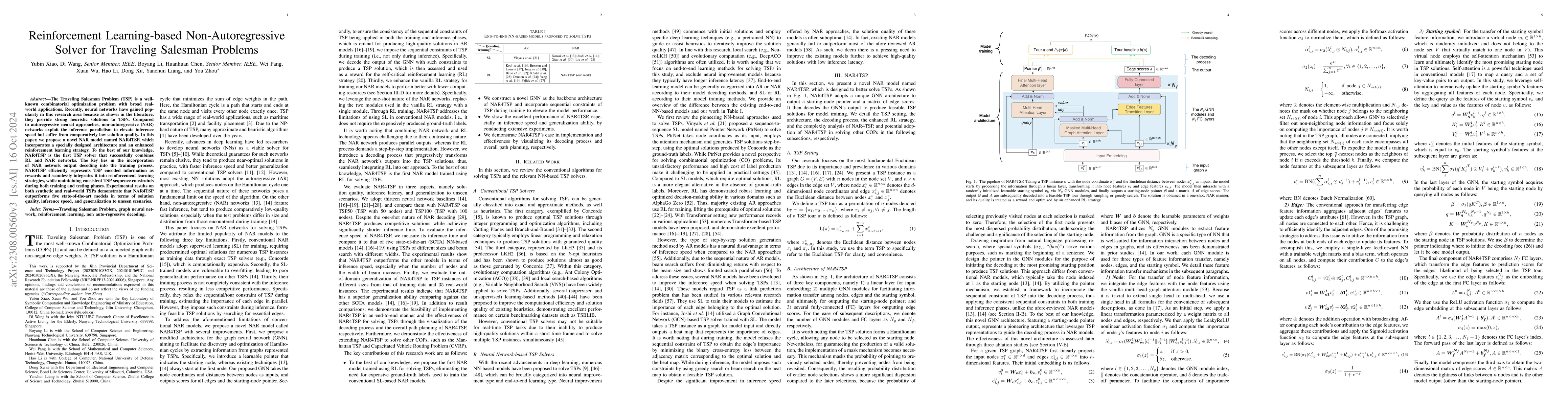 Thumbnail for Reinforcement Learning-based Non-Autoregressive Solver for Traveling
  Salesman Problems