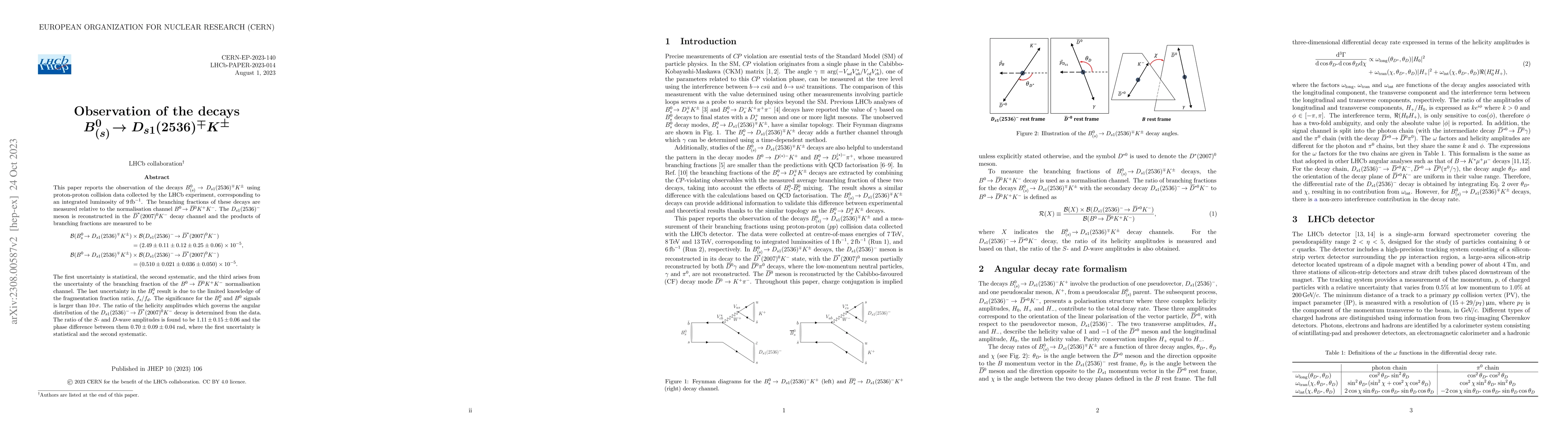 Thumbnail for Observation of the decays $B_{(s)}^{0}\to D_{s1}(2536)^{\mp}K^{\pm}$