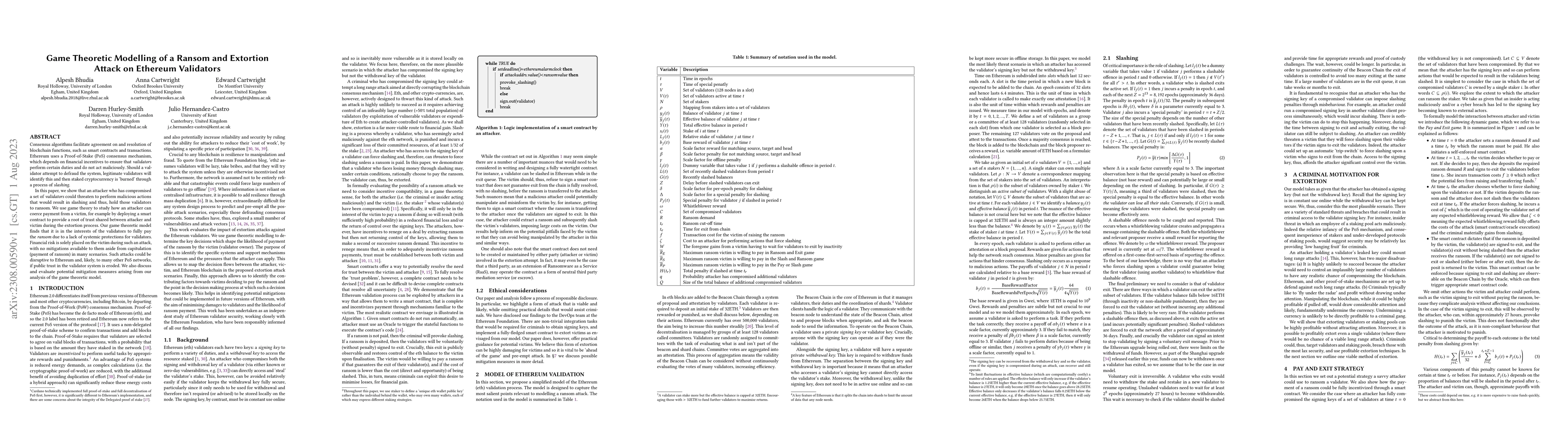 Thumbnail for Game Theoretic Modelling of a Ransom and Extortion Attack on Ethereum
  Validators