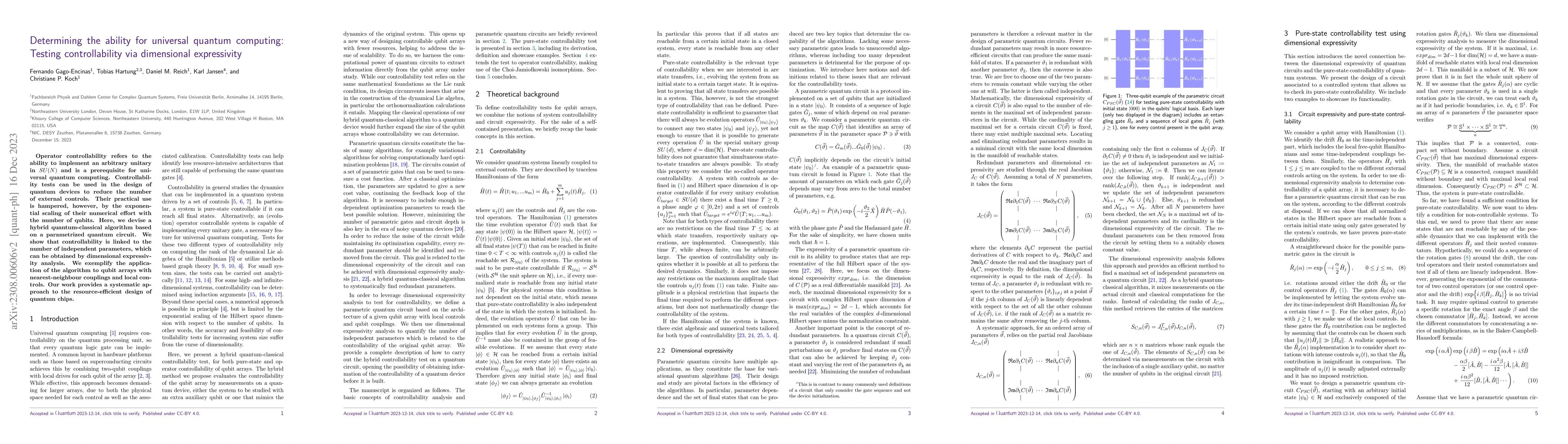 Thumbnail for Determining the ability for universal quantum computing: Testing
  controllability via dimensional expressivity