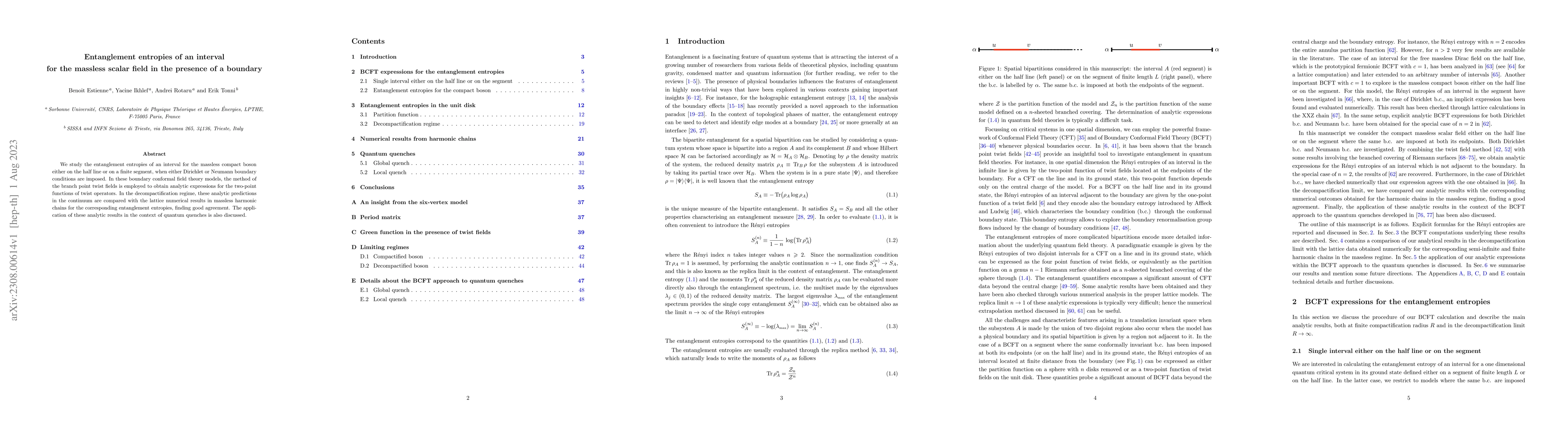 Thumbnail for Entanglement entropies of an interval for the massless scalar field in
  the presence of a boundary