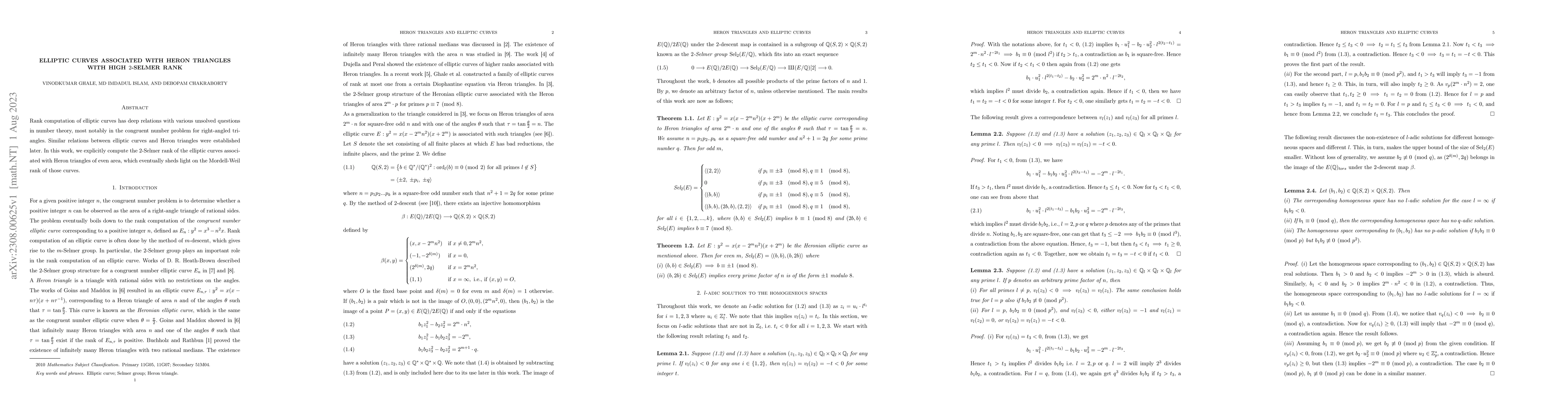 Thumbnail for Elliptic curves associated with Heron triangles with high $2$-Selmer
  rank