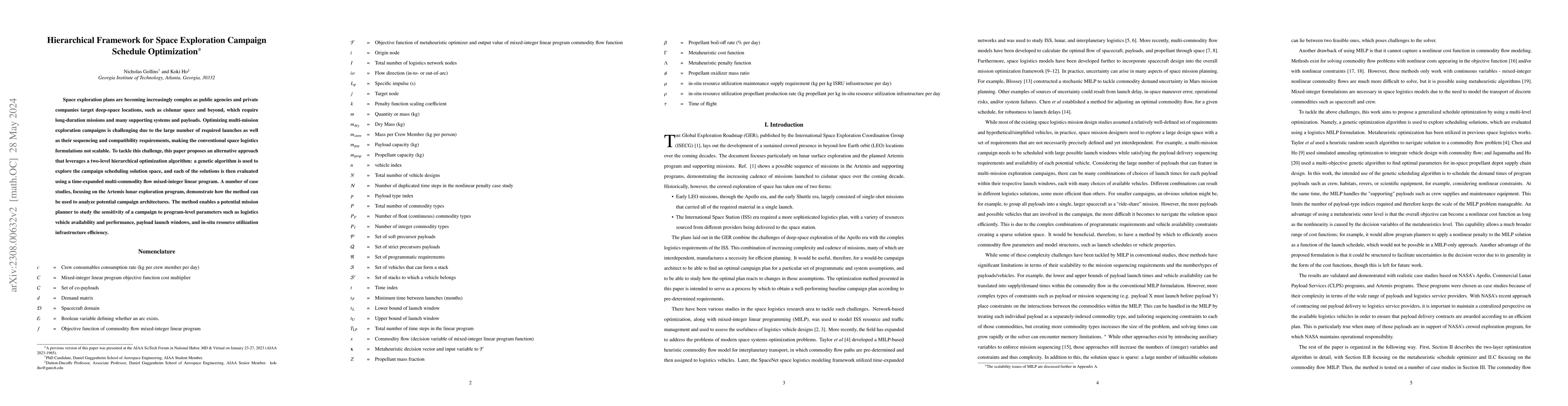 Thumbnail for Hierarchical Framework for Space Exploration Campaign Schedule
  Optimization