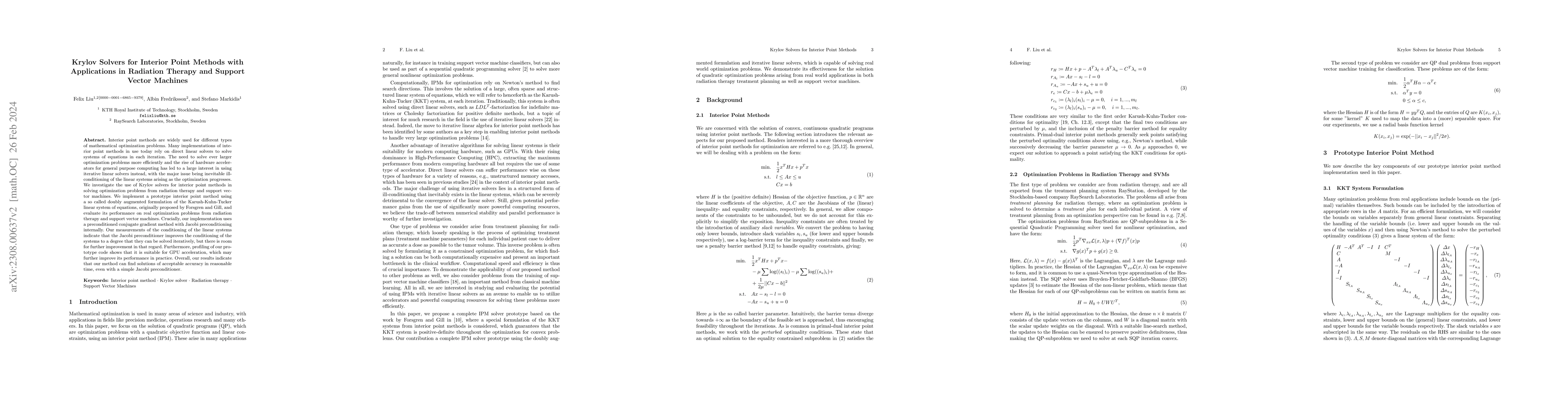 Thumbnail for Krylov Solvers for Interior Point Methods with Applications in Radiation
  Therapy and Support Vector Machines