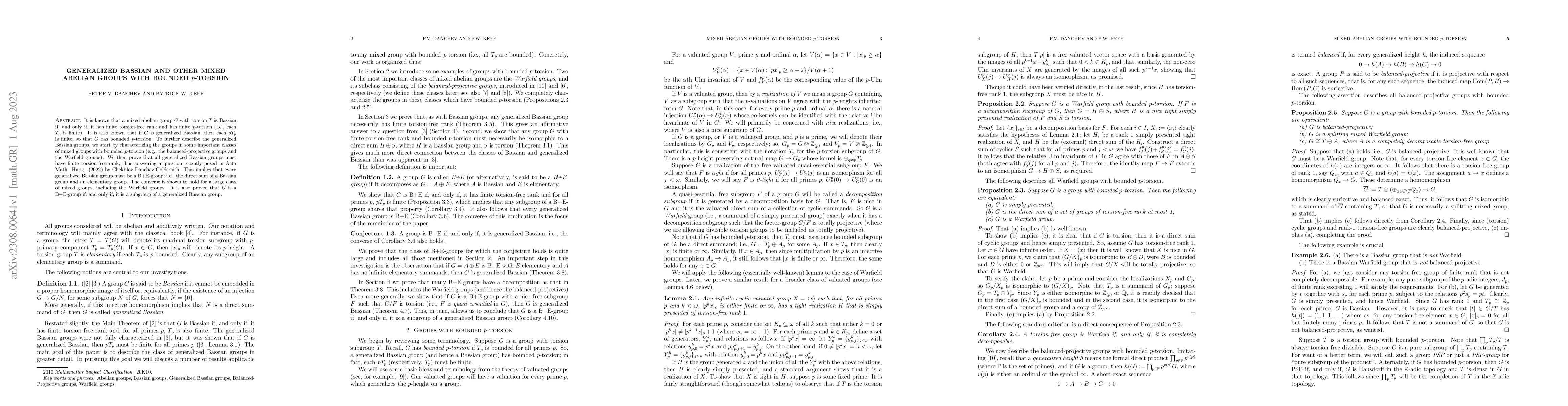Thumbnail for Generalized Bassian and other Mixed Abelian Groups with Bounded
  p-Torsion