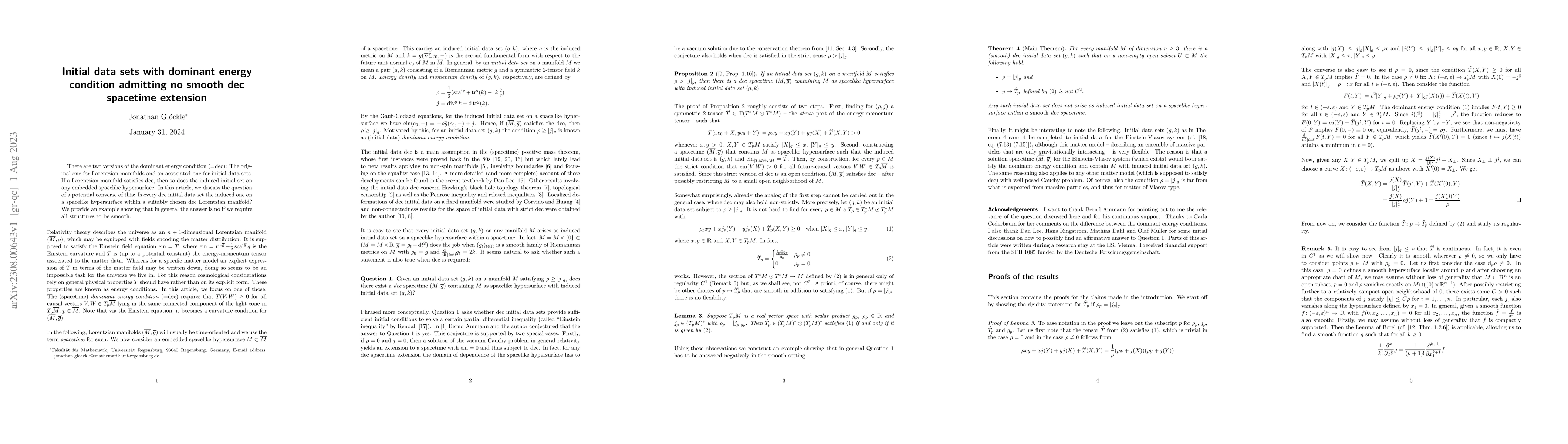 Thumbnail for Initial data sets with dominant energy condition admitting no smooth dec
  spacetime extension