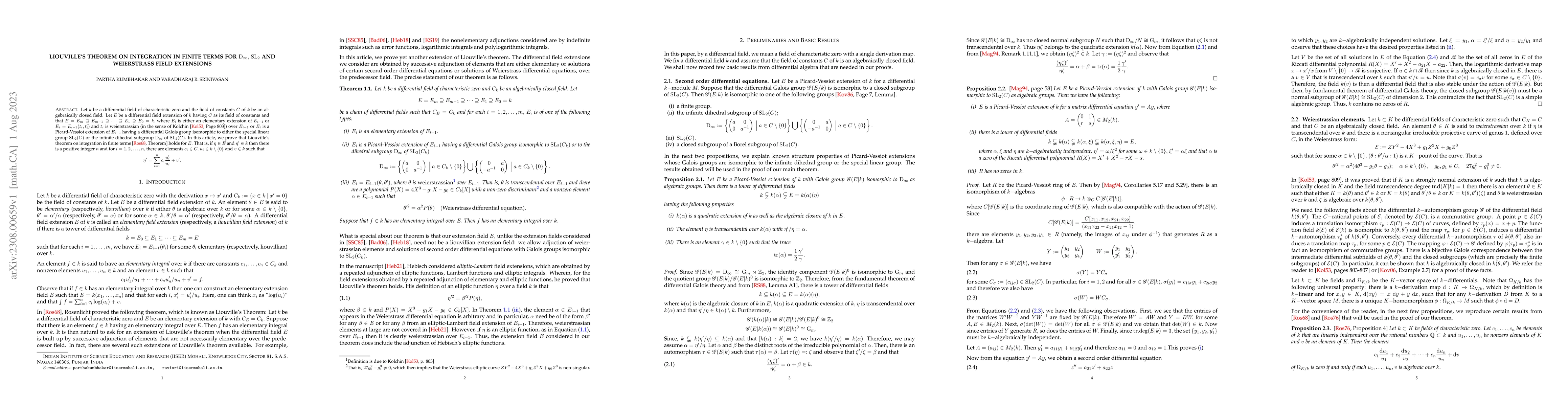 Thumbnail for Liouville's Theorem on integration in finite terms for $\mathrm
  D_\infty,$ $ \mathrm{SL}_2$ and Weierstrass field extensions