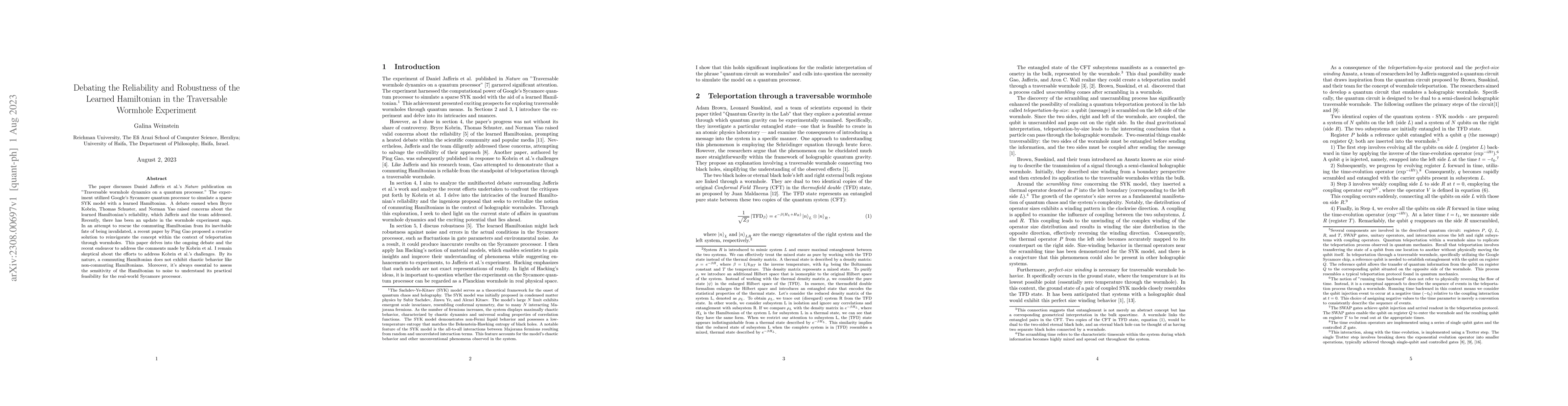 Thumbnail for Debating the Reliability and Robustness of the Learned Hamiltonian in
  the Traversable Wormhole Experiment