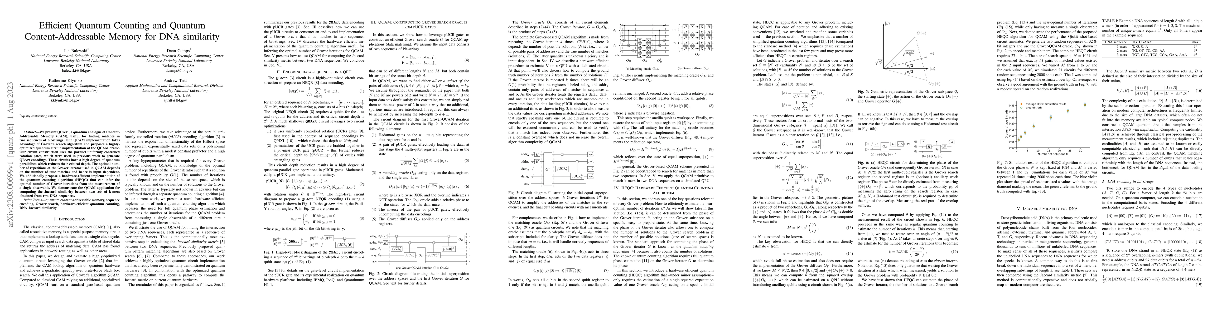 Thumbnail for Efficient Quantum Counting and Quantum Content-Addressable Memory for
  DNA similarity