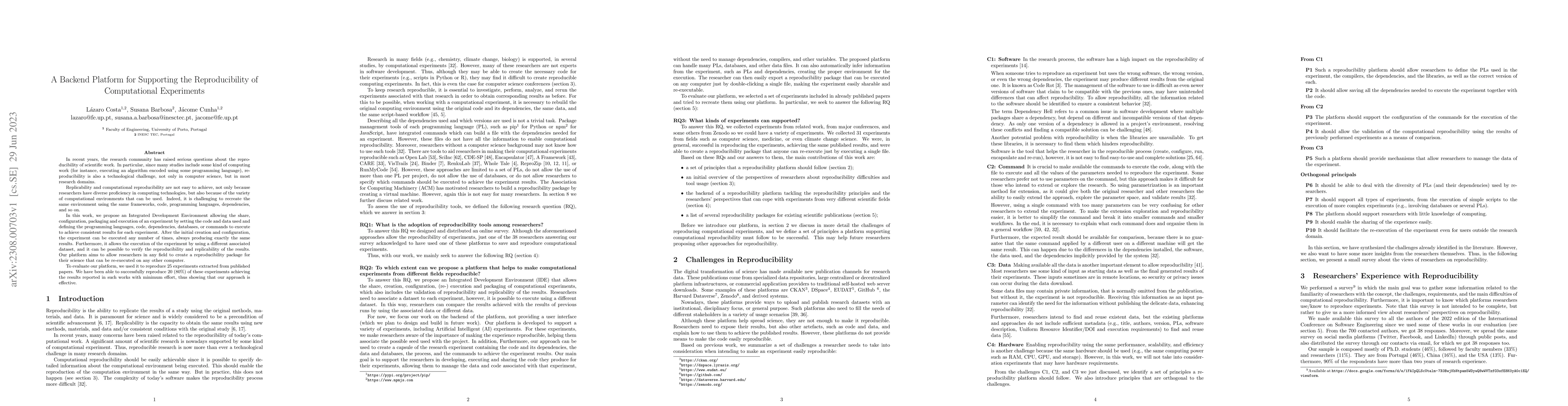 Thumbnail for A Backend Platform for Supporting the Reproducibility of Computational
  Experiments