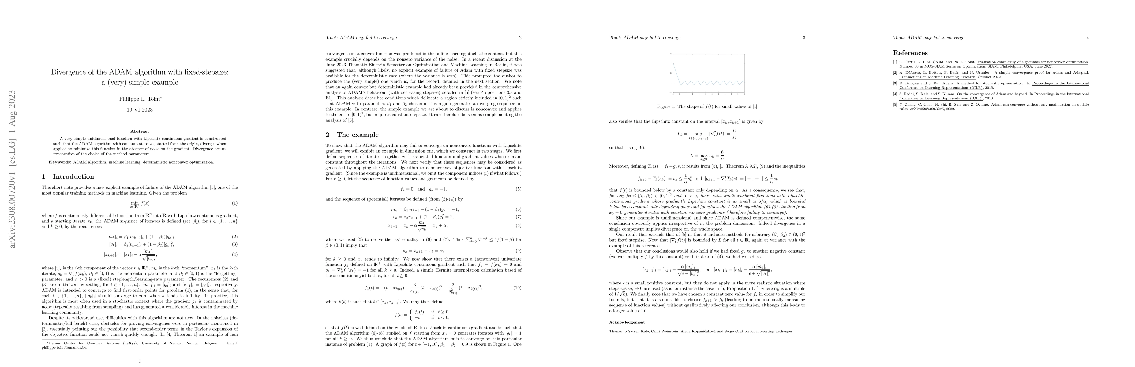 Thumbnail for Divergence of the ADAM algorithm with fixed-stepsize: a (very) simple
  example