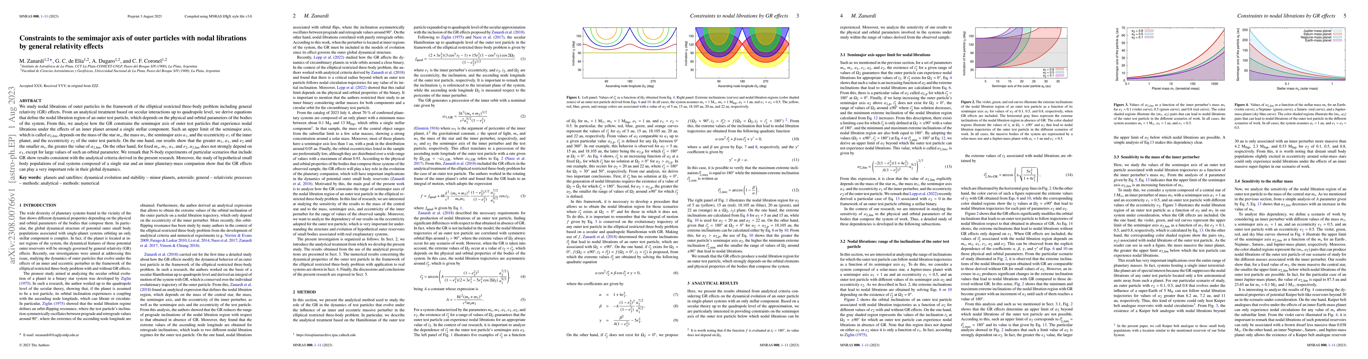 Thumbnail for Constraints to the semimajor axis of outer particles with nodal
  librations by general relativity effects