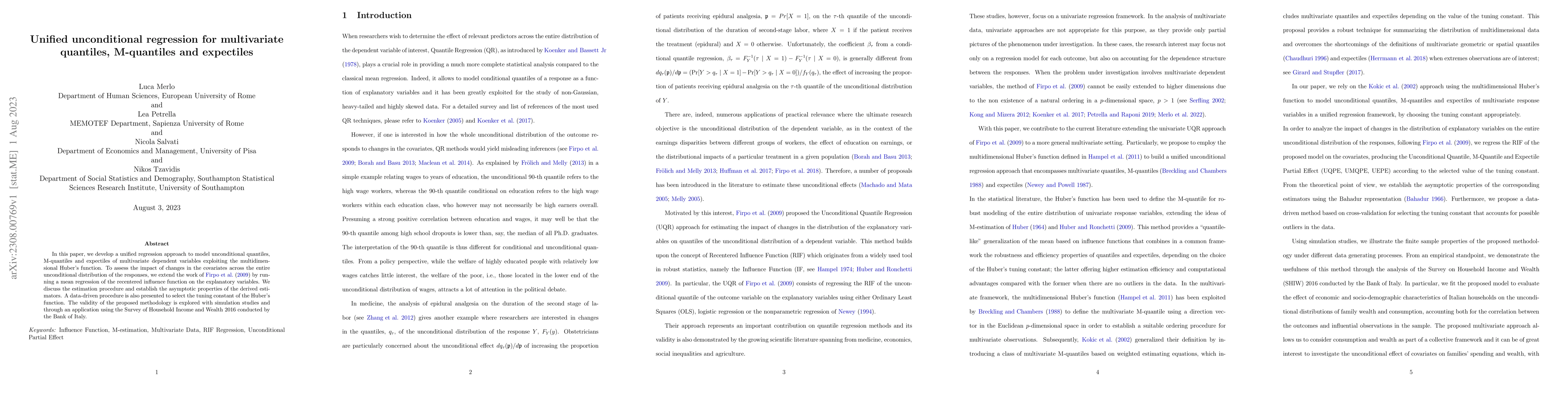 Thumbnail for Unified unconditional regression for multivariate quantiles, M-quantiles
  and expectiles
