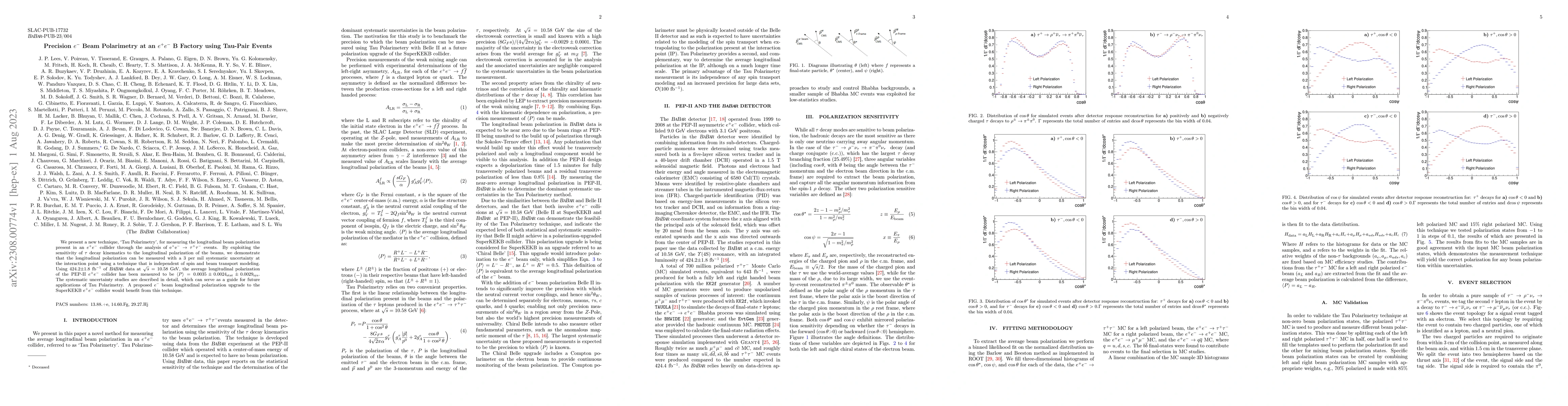 Thumbnail for Precision $e^-$ Beam Polarimetry at an $e^+e^-$ B Factory using Tau-Pair
  Events