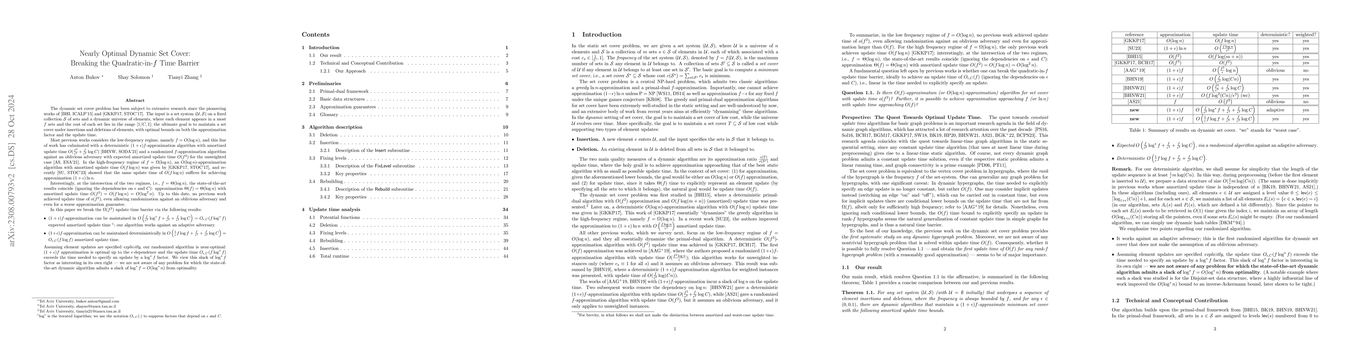 Thumbnail for Nearly Optimal Dynamic Set Cover: Breaking the Quadratic-in-$f$ Time
  Barrier