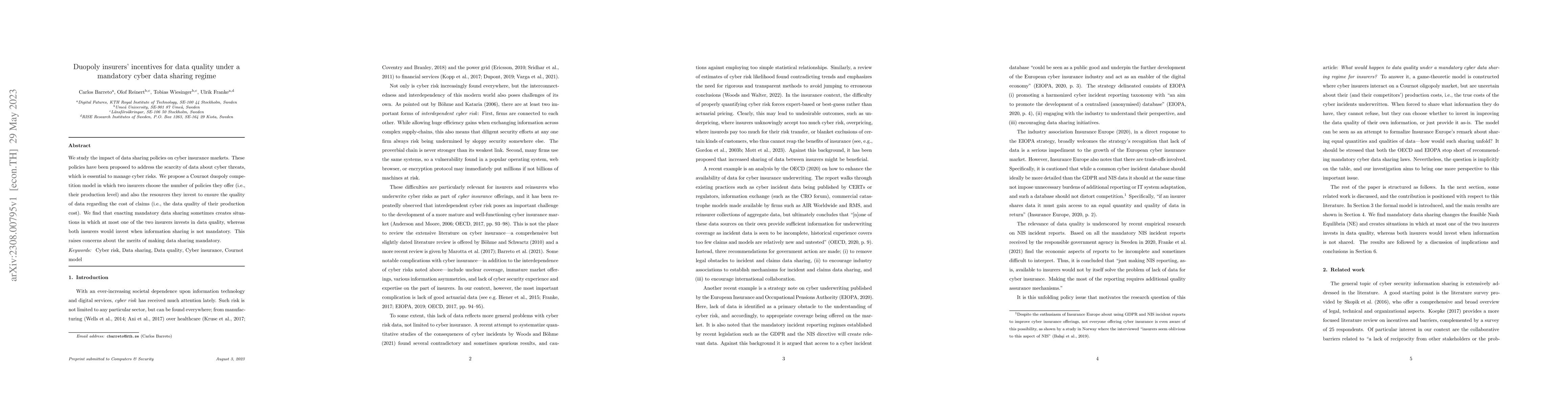 Thumbnail for Duopoly insurers' incentives for data quality under a mandatory cyber
  data sharing regime