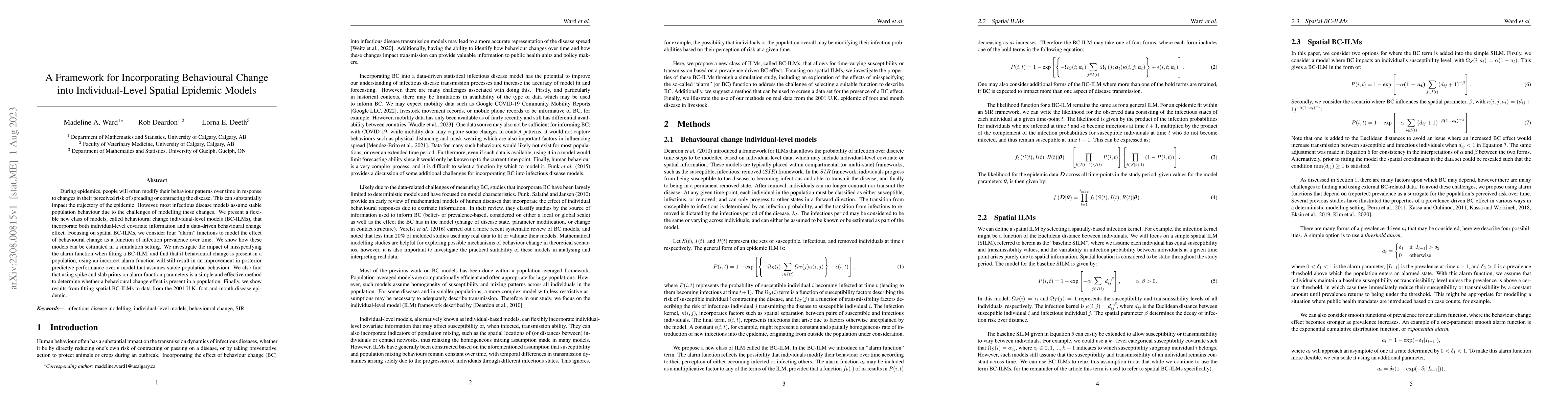 Thumbnail for A Framework for Incorporating Behavioural Change into Individual-Level
  Spatial Epidemic Models