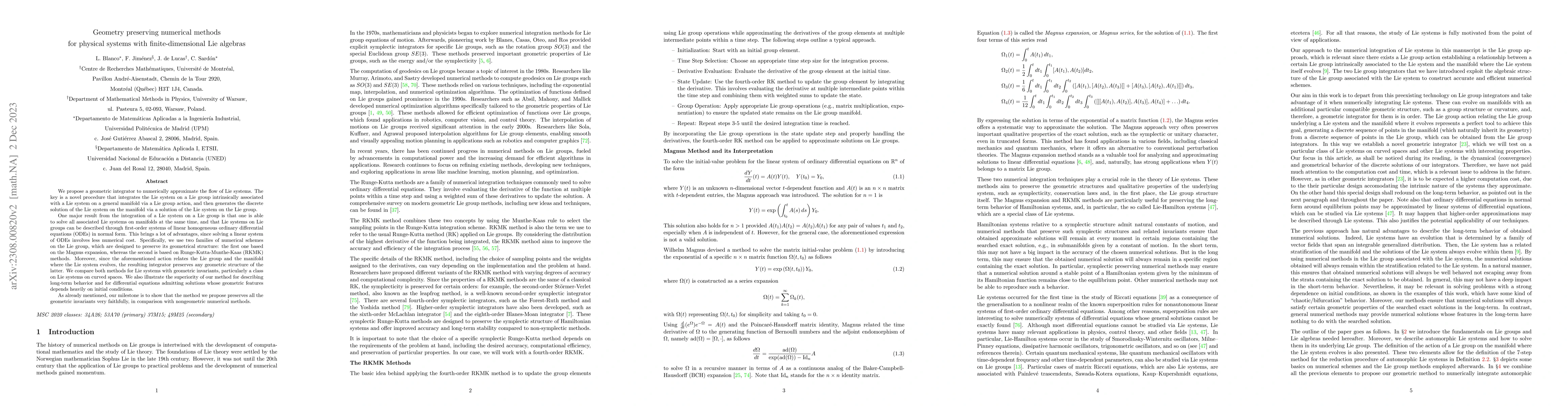 Thumbnail for Geometry preserving numerical methods for physical systems with
  finite-dimensional Lie algebras