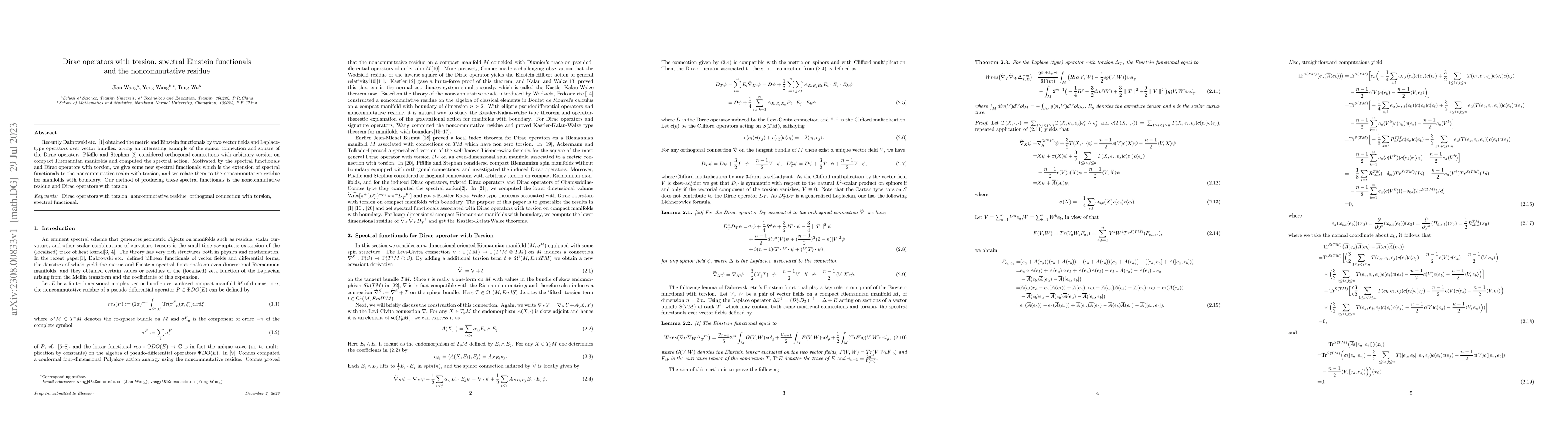 Thumbnail for Dirac operators with torsion, spectral Einstein functionals and the
  noncommutative residue